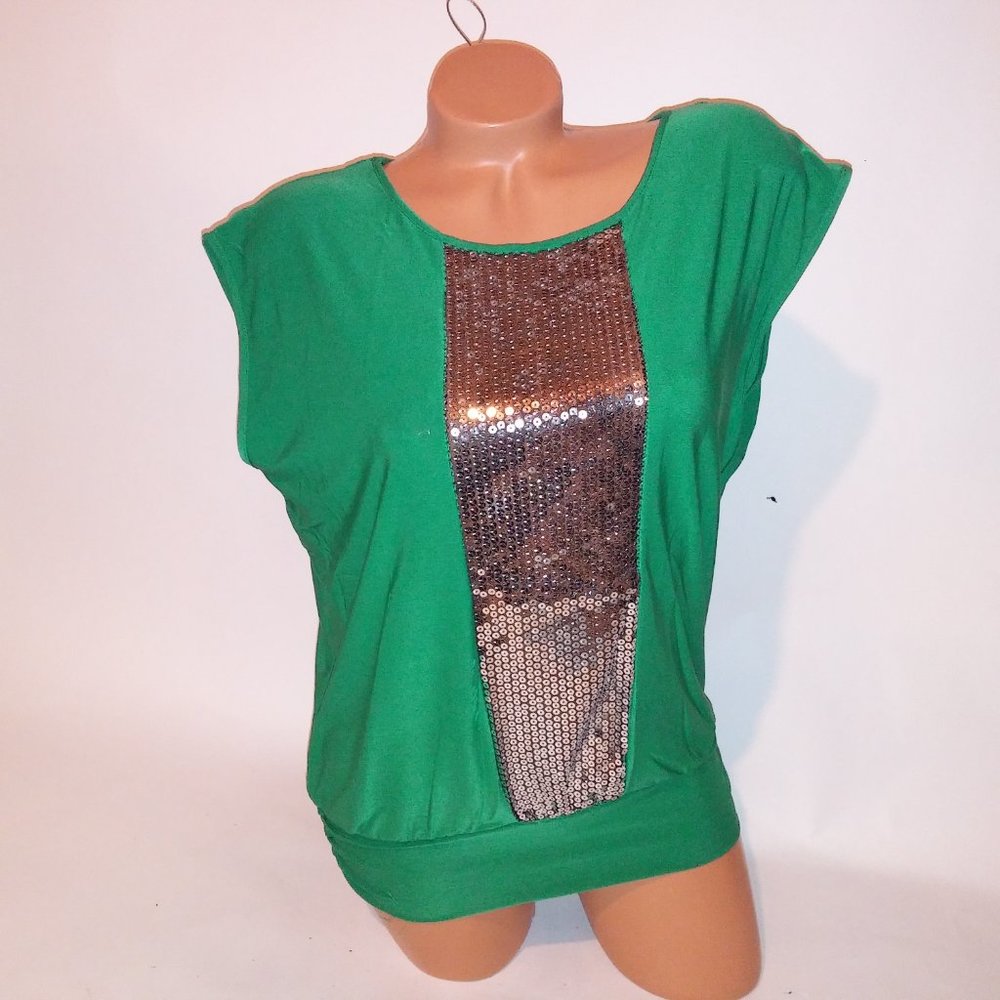 Jon & Anna Blouse Tank Top Womens Green Silver Sequin Bling Solid Holiday Stretc